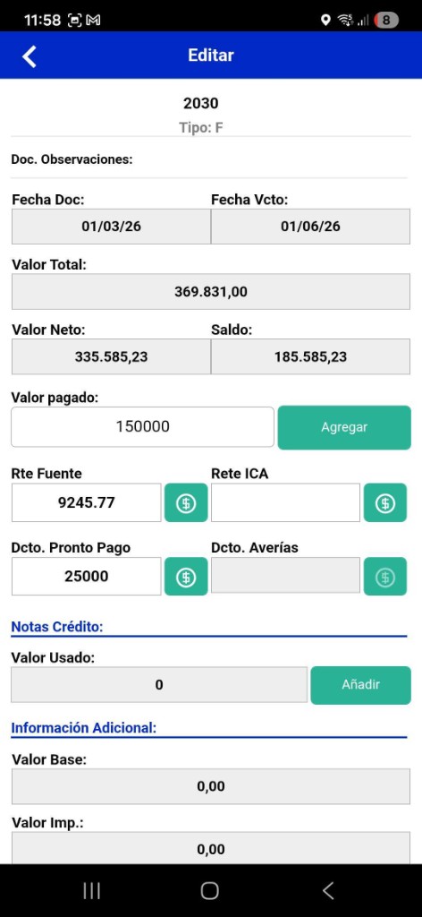 Edición del pago con valor, retenciones y descuentos
