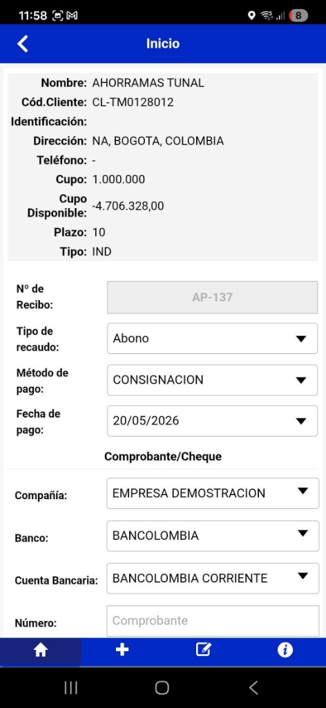 Pantalla de inicio de recaudo con datos del cliente